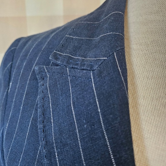 Hennes Navy Blue Pinstripe Tailored Linen Blazer Jacket Preppy Nautical Size 6 - Picture 6 of 9